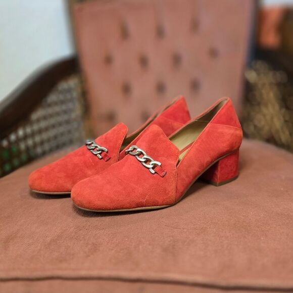 Franco Sarto Red Suede Loafers with Silver Chain - Picture 1 of 5